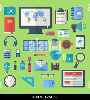 Flat icons of trendy everyday objects, office supplies and busin Stock Vector