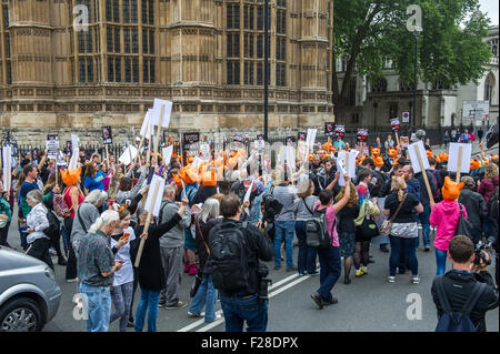 Brian May attends a Keep the Fox Hunting Ban protest outside the Houses of Parliament.  Featuring: View Where: London, United Kingdom When: 14 Jul 2015 Stock Photo