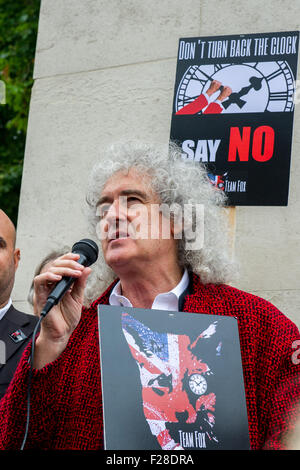 Brian May attends a Keep the Fox Hunting Ban protest outside the Houses of Parliament.  Featuring: Brian May Where: London, United Kingdom When: 14 Jul 2015 Stock Photo