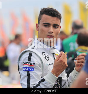 Oschersleben, Germany. 13th Sep, 2015. DTM front runner Pascal Wehrlein prior to the DTM (German Touring Car Masters) race at the etropolis Arena in Oschersleben, Germany, 13 September 2015. Photo: Jens Wolf/dpa/Alamy Live News Stock Photo