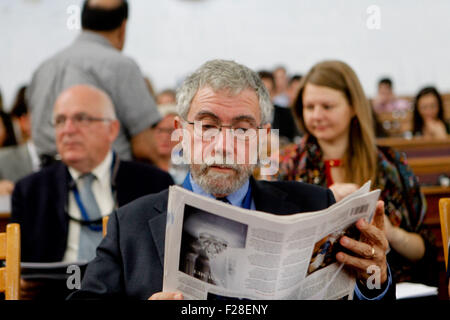 Athens, Greece. 14th Sep, 2015. American economist PAUL KRUGMAN attends at Athens Democracy Forum in Old Parliament Building in Athens. The Athens Democracy Forum 2015, organized by the New York Times (NYT), will be held September 13-15 at the Megaron Athens and at the Ancient Agora of Athens. The Forum, presented in cooperation with the United Nations Democracy Fund and the City of Athens, will reflect on the state of liberal democraciesand the major challenges they face in the world today. Credit:  ZUMA Press, Inc./Alamy Live News Stock Photo