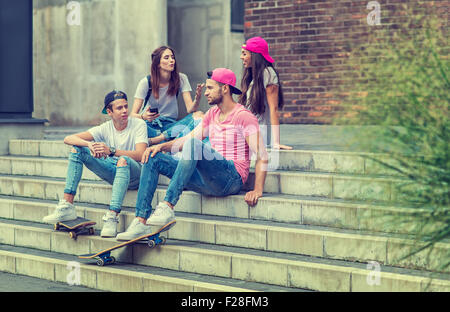 Skateboarder friends on the stairs, made selfie photo Stock Photo