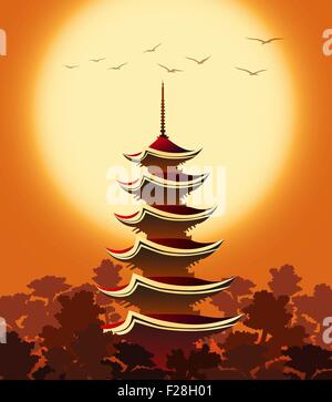 Eastern landscape with Pagoda in mountains at sunset. Colorful Illustration. Stock Vector