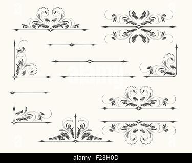 Set of decorative floral elements in vintage style. Dividers Corners and borders. Isolated on monochrome background. Stock Vector