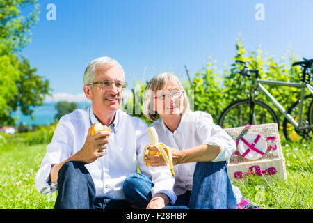 Senior couple eating fruit and drinking at picnic in summer, beautiful landscape in the background Stock Photo