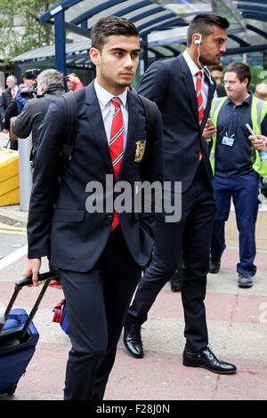 Manchester United's Andreas Pereira (left) & Sergio Romero (right) arrive at Manchester airport. Stock Photo