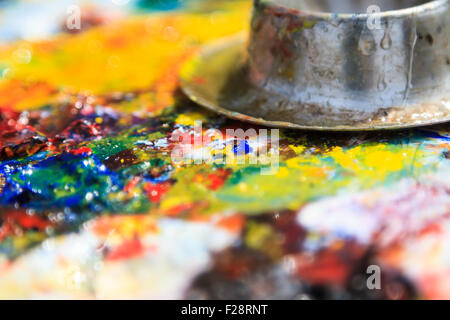 A macro of 3 dabs of Artist's acrylic paints in the primary colors