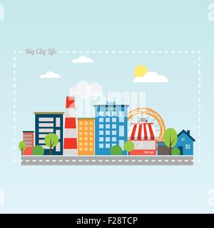 new flat style cityscape with modern buildings, hotel, market, park and asphalt road. vector illustration Stock Vector