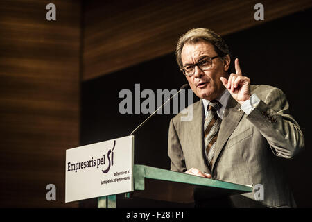 Sept. 14, 2015 - Barcelona, Catalonia, Spain - ARTUR MAS, president of the Catalan government and number 4 of the pro-independence cross-party electoral list 'Junts pel Si' (Together for the yes) delivers a lively speech to pro-independence entrepreneurs about the possibilities in a hypothetic independent Catalonia during  the 2015 Catalan election campaign in Barcelona. (Credit Image: © Matthias Oesterle via ZUMA Wire) Stock Photo