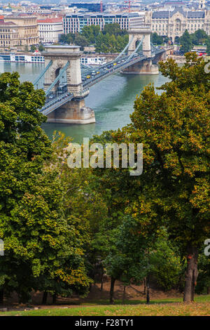 A magnificent view from Castle Hill showing the Chain Bridge spanning over the River Danube in Budapest. Stock Photo