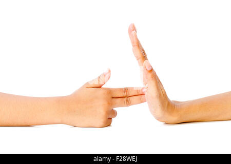 stop fighting Stop using the gun Stop the Use of Force Stop the violence :Palm of the woman stop gun made of fingers. Stock Photo