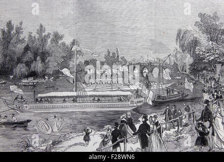 Swan-Upping on the River Thames, from Brentford Ait, Illustrated London News July 1844; Black and White Illustration; Stock Photo