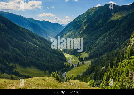 Mountain landscape with afforested valley and a small river Stock Photo