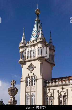 SINTRA, PORTUGAl - OCTOBER 25 2014: Close up detail of the tower of Sintra Town Hall building, Portugal Stock Photo