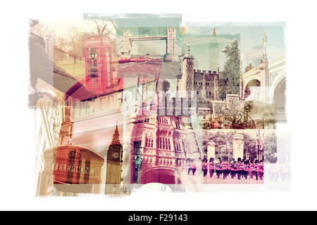 multiple exposures of different landmarks in London, United Kingdom, such as  the Big Ben, the Tower Bridge, the Tower of London Stock Photo