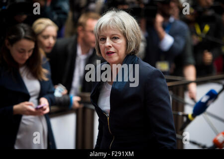 Brussels, Bxl, Belgium. 14th Sep, 2015. Theresa MAY, Secretary of State for the Home Department and Minister for Women and Equalities of the United Kingdom talks to the press prior to the extraordinary Justice and Home Affairs Council on immigration crisis at European Council headquarters in Brussels, Belgium on 14.09.2015 by Wiktor Dabkowski © Wiktor Dabkowski/ZUMA Wire/Alamy Live News Stock Photo