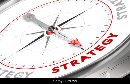 Compass with needle pointing the word strategy. Conceptual illustration for sales strategies management. Business concept. Stock Photo