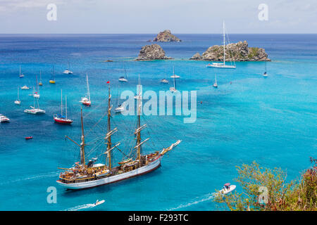 Boats beyond the harbor at Gustavia, St. Barts in the Caribbean Stock Photo