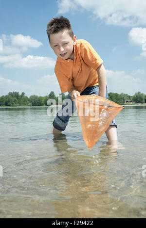 Boy catching fish with fishing net in the lake, Bavaria, Germany, Bavaria, Germany Stock Photo
