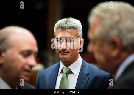 Carmelo ABELA, Minister for Home Affairs and National Security of Malta prior to the extraordinary Justice and Home Affairs Council on immigration crisis at European Council headquarters in Brussels, Belgium on 14.09.2015 by Wiktor Dabkowski Stock Photo