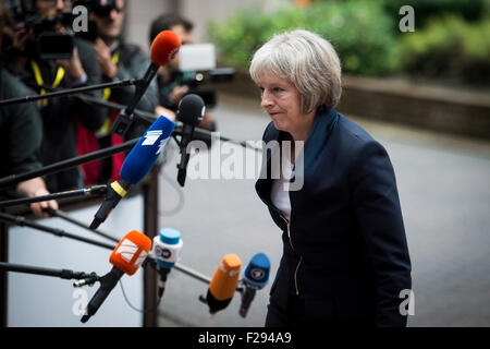 Theresa MAY, Secretary of State for the Home Department and Minister for Women and Equalities of the United Kingdom talks to the press prior to the extraordinary Justice and Home Affairs Council on immigration crisis at European Council headquarters in Brussels, Belgium on 14.09.2015 by Wiktor Dabkowski Stock Photo