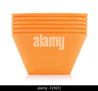 set of orange bamboo bowls, isolated on white Stock Photo