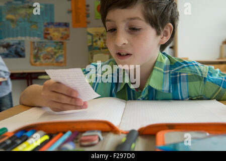 schoolboy reading a message in classroom, school, Munich, Bavaria, Germany Stock Photo