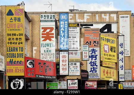 Asian business signs, mostly Korean,  on Union Street in Flushing, Queens, New York Stock Photo