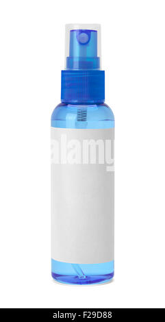 Small Blue Spray Bottle with Copy Space Isolated on White Background. Stock Photo