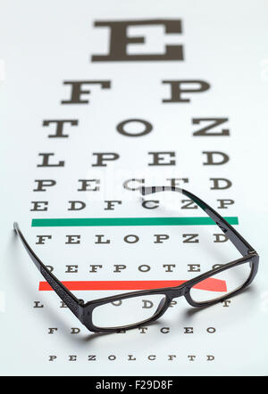 Pair of Glasses on Eye Exam Chart. Stock Photo