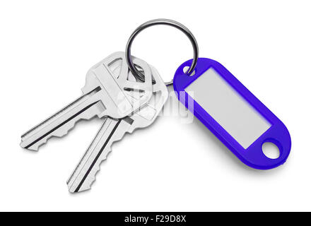 Blue Key Chain Tag and Keys Isolated on White Background. Stock Photo