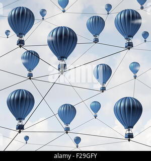 Network connection success concept and community social media links as a group of blue hot air balloons connected together in a Stock Photo