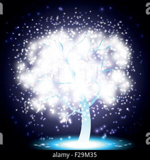 Mystical Glowing Christmas Tree Made of light sparkles on a blue night background Stock Vector