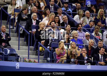 New York, USA. 13th September, 2015. Hugh Jackman, in blue suit at center of frame, at the U.S  Open Men's Final between Novak Djokovic and Roger Federer on September 13th, 2015. Credit:  Adam Stoltman/Alamy Live News Stock Photo