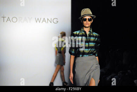 New York, USA. 14th Sep, 2015. Models presents creations of Taoray Wang's collection during New York Fashion Week in New York, the United States, on Sept. 14, 2015. Credit:  Liu Li/Xinhua/Alamy Live News Stock Photo