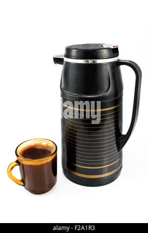 Cup of coffee with black thermos isolated on white Stock Photo