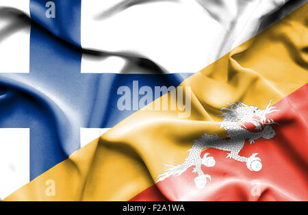 Waving flag of Bhutan and Finland Stock Photo