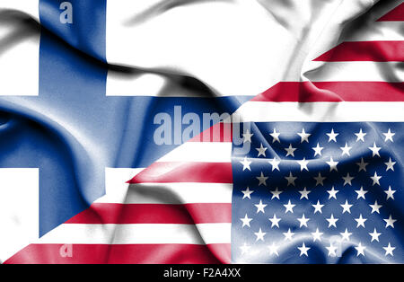 Waving flag of United States of America and Finland Stock Photo