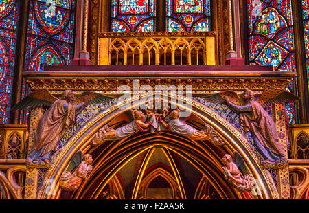 Stained Glass Angels Wood Carvings Cathedral Saint Chapelle Paris France.  Saint King Louis 9th created Sainte Chapelle in 1248 Stock Photo