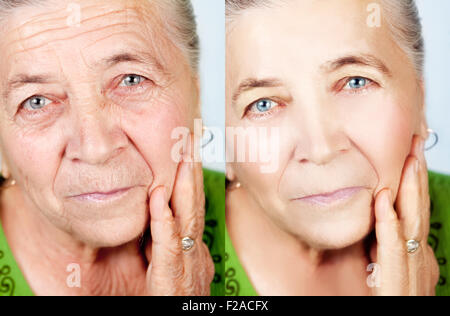 Beauty and skincare concept - senior woman without aging wrinkles Stock Photo
