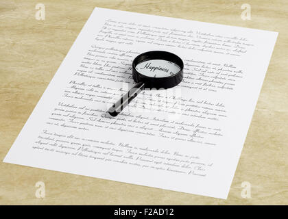 Magnifying glass enlarging the word Happiness on a page with printed text laying on a desktop Stock Photo