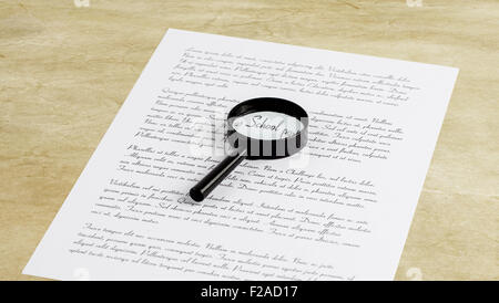Magnifying glass enlarging the word School on a page with printed text laying on a desktop Stock Photo
