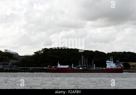 A gas tanker moored at Braefoot Bay near Aberdour in Fife, Scotland, from the island of Inchcolm. Stock Photo