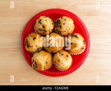 Top view of several bite size freshly baked chocolate chip muffins on a red plate atop a wood table top illuminated with natural Stock Photo