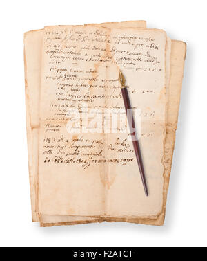 Old mauscripts with nib isolated on white Stock Photo