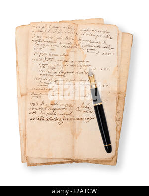Old mauscripts with fountain pen isolated on white Stock Photo
