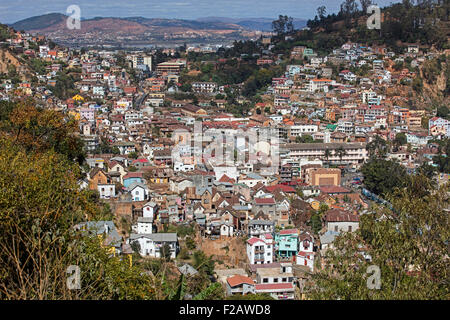 Aerial view over nineteenth-century trano gasy houses in the historic haute ville in Antananarivo, capital city of Madagascar Stock Photo