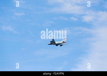 British Airways Airbus A380 flying over Windsor out of London Heathrow, England, UK Stock Photo