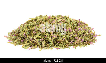 pile of Dried Thyme with flowers  Isolated on White Background Stock Photo