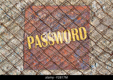 Word Password written in golden color under a broken wire fence Stock Photo